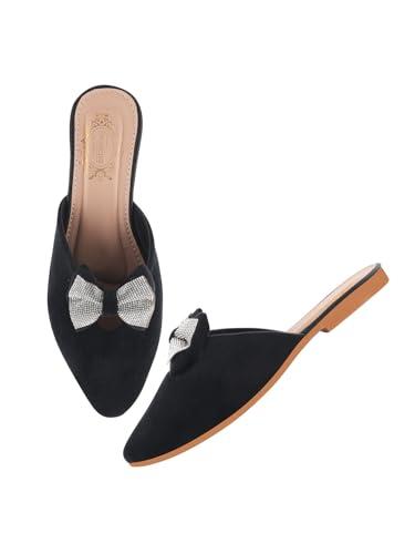 shoetopia embellished black flat mules for women & girls-eu40