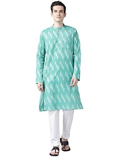 see designs turquoise blue & white cotton regular fit mandarin collar printed kurta set_sdkt99401xxl