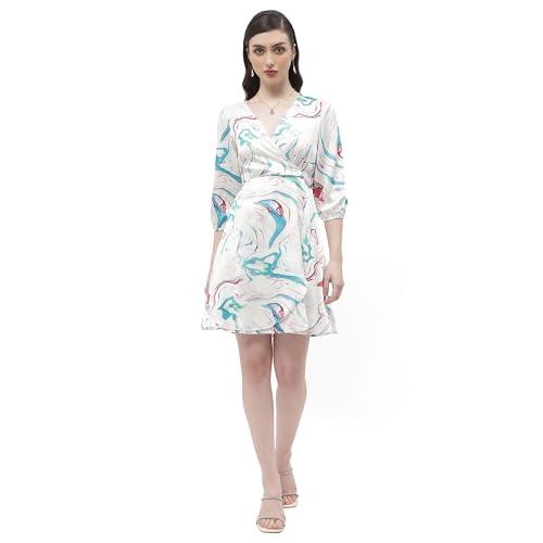 madame surplice neck off-white abstract print wrap dress