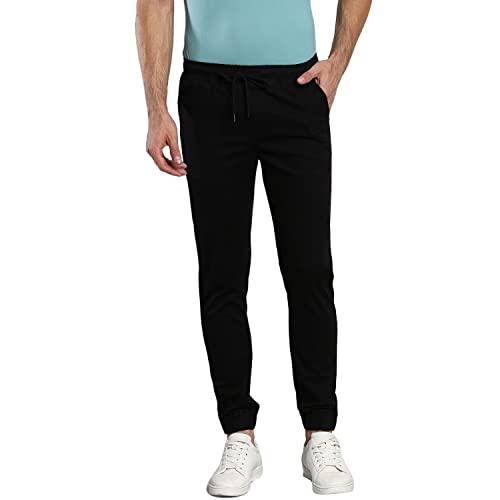 dennis lingo solid cotton men's casual drawstring joggers, straight fit, mid rise, stretchable ankle length athletic track pants, workout pants with pockets, sportswear for men, trousers black