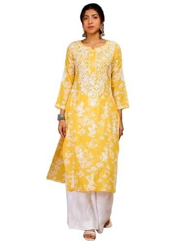 gosriki women's cotton blend chikankari embroidered straight kurta (zainab yellow-gs_s_yellow_small)