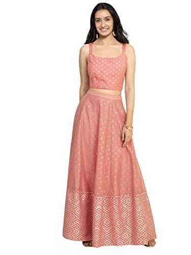 indya maxi coral chanderi brocade foil lehenga skirt pink