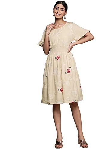 ishin women's beige embroidered empire dress