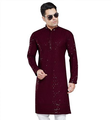 divisive men's sequince embroidered cotton blend only kurta (dkrt4_xxl_burgundy)