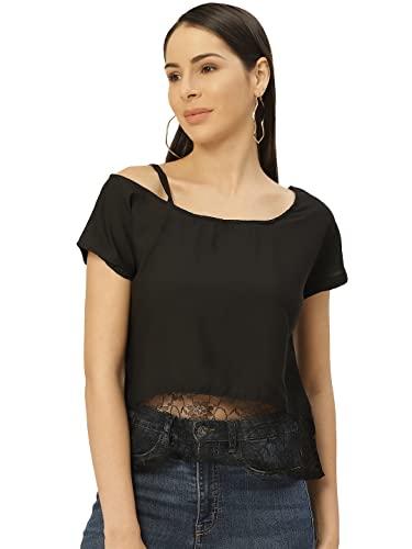 belle fille women's regular fit black colour short sleeves top | l | georgette | blfit-2294-l