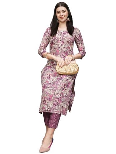 anni designer women's cotton blend straight printed kurta with pant (seep purple_l_purple_large)