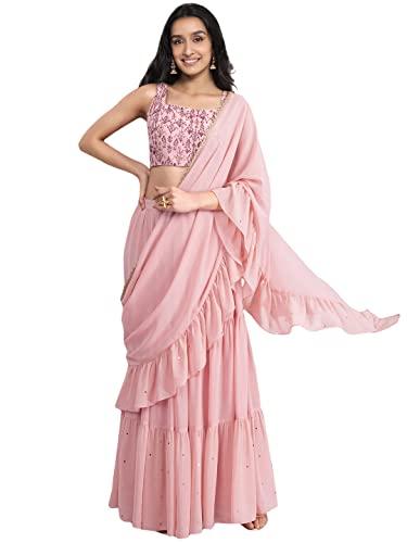 indya women's pink skirt foil with attached ruffled dupatta