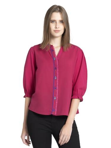 shaye band collar pink embroidered three-quarter sleeves casual tops for women