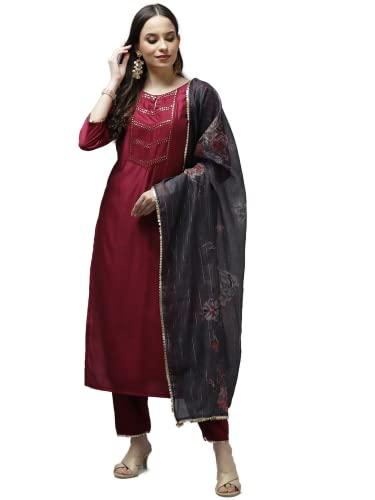 indo era women's solid viscose straight kurta with pant & dupatta set (wine_kh9wn3789_medium)