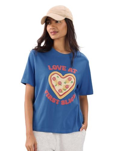 the souled store pizza love women and girls short sleeves round neck blue graphic printed cotton relaxed fit t-shirts