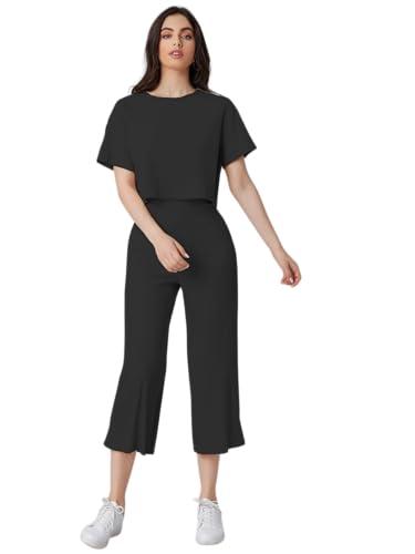 leriya fashion women co ord set | ribbed pajama set | casual wear pant top set | fancy co-ord set | pack of 2 | drop shoulder knit top & capris pants set | full pair set | (xx-large, black)