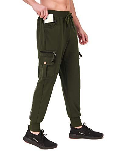 uzarus men's cotton slim fit cargo joggers track pants with 4 zippered pockets military green