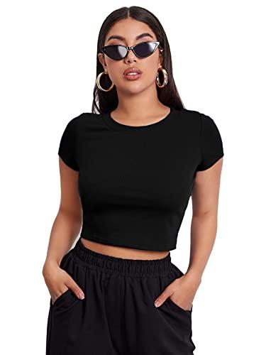 aahwan black solid ribbed slim fit crop top for women's & girls' (116_black-m)