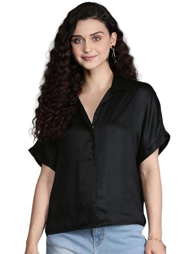 shaye black casual short sleeves buttondown collar solid satin shirt for women (in, alpha, 3xl, plus, black)