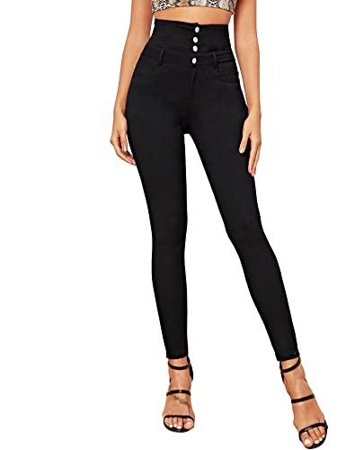 buynewtrend solid button front high waist denim women jeans (28, black)