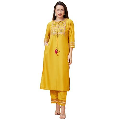 globus women yellow floral yoke embroidered tie-up neck festive straight kurta set with trouser-3639710002