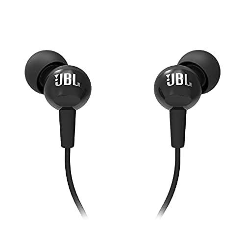 jbl c100si wired in ear headphones with mic, jbl pure bass sound, one button multi-function remote, premium metallic finish, angled buds for comfort fit (black)