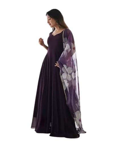 finizia women's georgette dress traditional ethnic round neck long sleeve a-line floral printed gown with dupatta(wine,s)