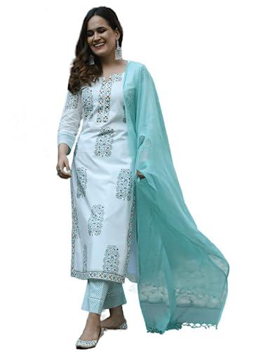 sidhidata women's cotton blend printed straight kurta pant set with dupatta (kps flower treee seagreeen_xl_seagreen_x-large)