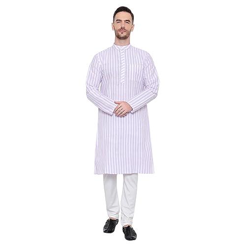 latest chikan broad striped cotton men's long kurtas,46 purple