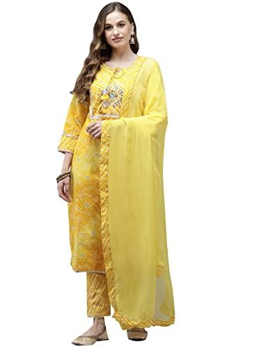 ishin women's pure cotton embroidered a-line kurta suit set with dupatta & pants kpldhvk-18074_m_yellow