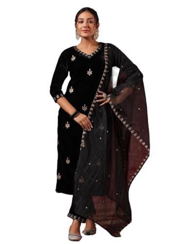 ishin women's velvet zari work black straight kurta suit set with trousers and dupatta