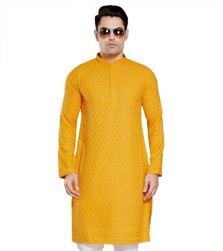 divisive men's sequince embroidered cotton blend only kurta (dkrt1_xl_yellow)