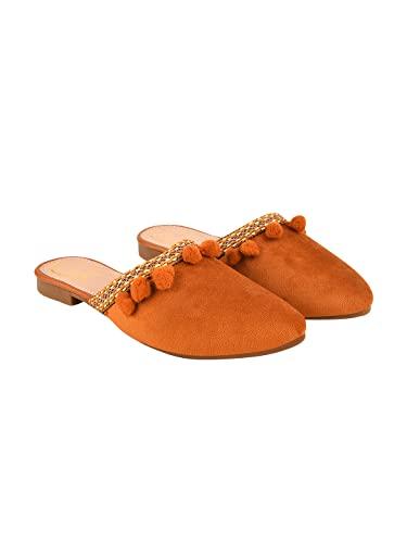 shoetopia pointed toe with pom pom detailed tan mules for women & girls / uk3