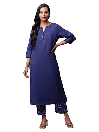 linen club woman navy blue sequin kurta set (size: s)-lcwess222poind0025