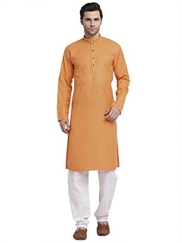 kraft india men cotton check orange kurta pyjama set size large