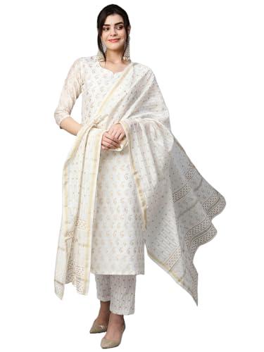 anni designer women's cotton blend straight printed kurta with pant & dupatta (saligram cream_xl_cream_x-large)