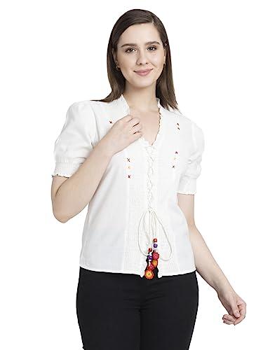 shaye collarless white solid short sleeves casual shirts for women