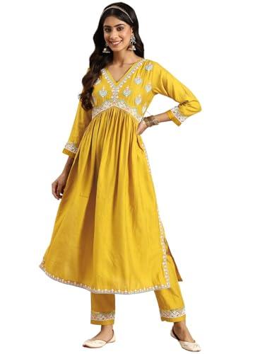 amayra women's embroidered alia cut kurta with pant(yellow,s)