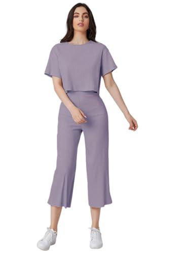 leriya fashion women co ord set | ribbed pajama set | casual wear pant top set | fancy co-ord set | pack of 2 | drop shoulder knit top & capris pants set | full pair set | (medium, purple)