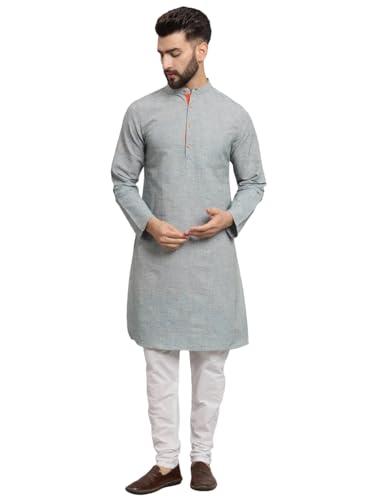 latest chikan men's cotton regular textured long kurta full sleeves - casual ethnic wear -lk-l.dbl-agy-46 ash grey