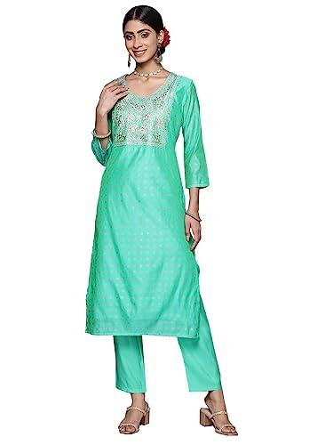 ishin women's silk blend printed turquoise blue straight kurta suit set with pants