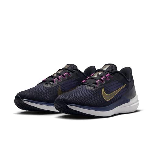 nike mens air winflo 9 black/gold suede-blackened blue running shoe - 11 uk (dd6203-007)