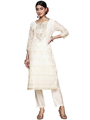 ishin women's silk blend printed off white straight kurta suit set with pants