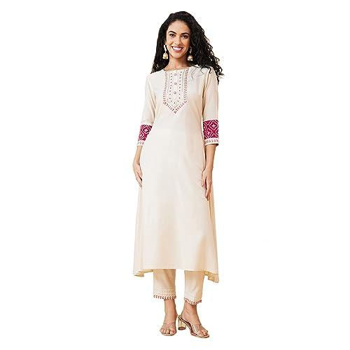 globus women off white embroidered round neck a-line kurta set with trouser-3638033001