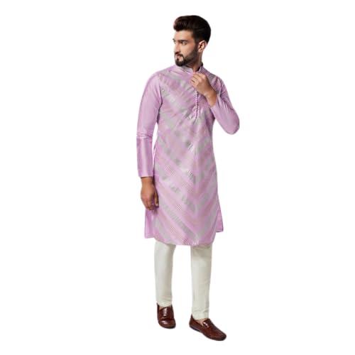 kisah men's kurta, lavender art silk, embellished regular fit long sleeves mandarin collar (m)