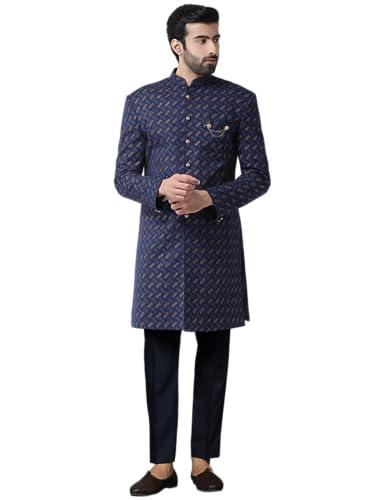 kisah men's cotton blend full sleeves regular fit printed blue indo western sherwani trouser set (s)