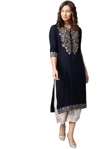 anubhutee women's rayon embroidered thread work straight kurta suit set with palazzo