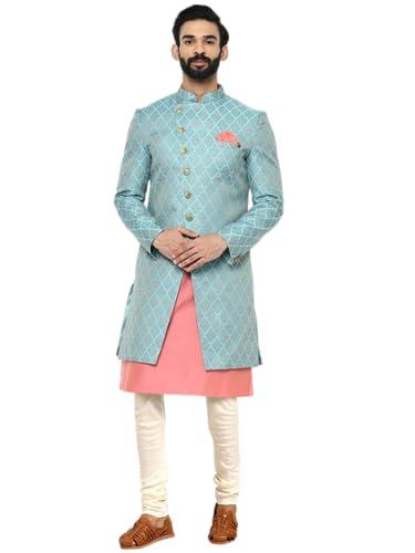 kisah men's silk blend full sleeves regular fit woven design blue kurta indo western sherwani churidar set-42