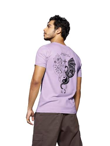 bewakoof men's seek balance graphic print cotton t-shirt- regular fit, round neck, half sleeves 580213_purple_s