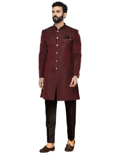 kisah men's cotton blend full sleeves regular fit woven design maroon indo western sherwani trouser set, 38