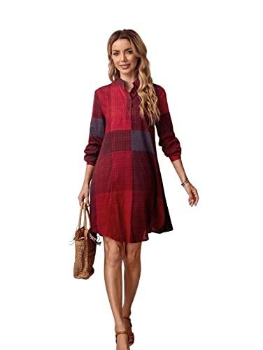 leriya fashion western dress || rayon color block half button front dress for women || long cuff sleeve & stand collared neck tunic dress || office || summer dresses for women. (medium, red)