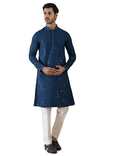 the kurta company teal blue cotton lucknowi kurta | regular fit all over embroidered classic straight cut mandarin collar full sleeve sangeet wear kurta for men - valh_40