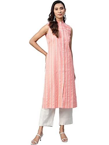 see designs women peach & off-white khari print cotton regular fit straight kurta (m)