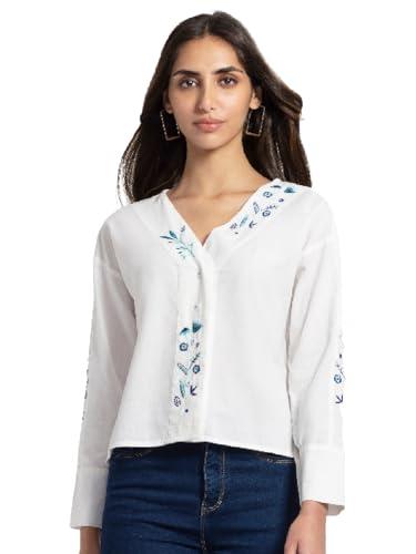 shaye v-neck white embroidered long sleeves casual shirt for women