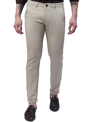 majestic man slim fit cotton blend casual solid trousers for men (beige, 34)